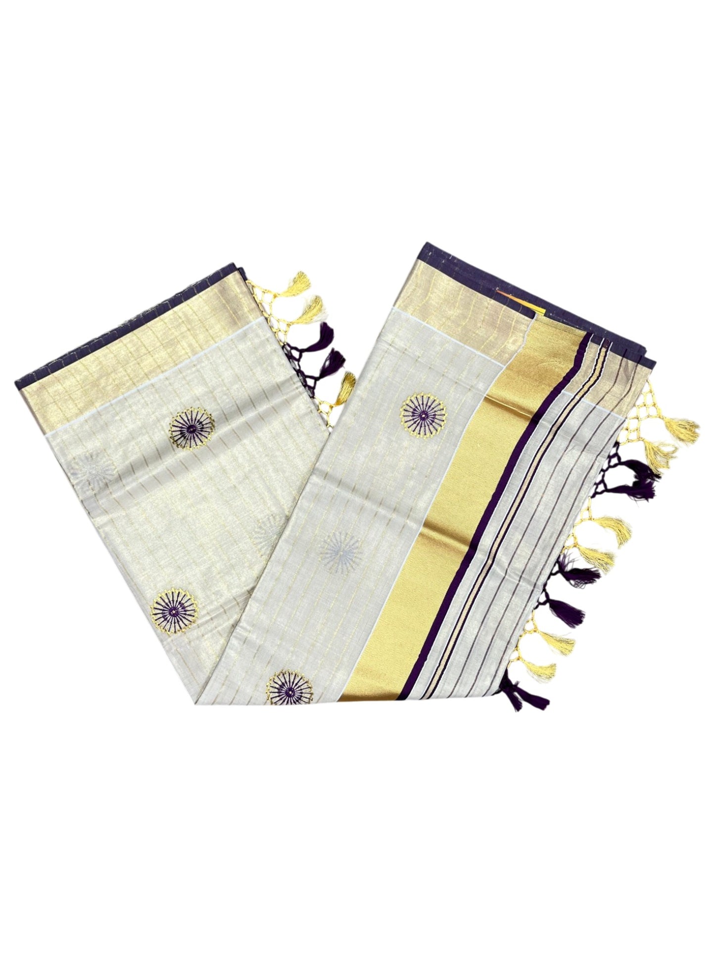 Southloom Tissue Kerala Kasavu Lines Saree with Embroidery Work on Body in Purple