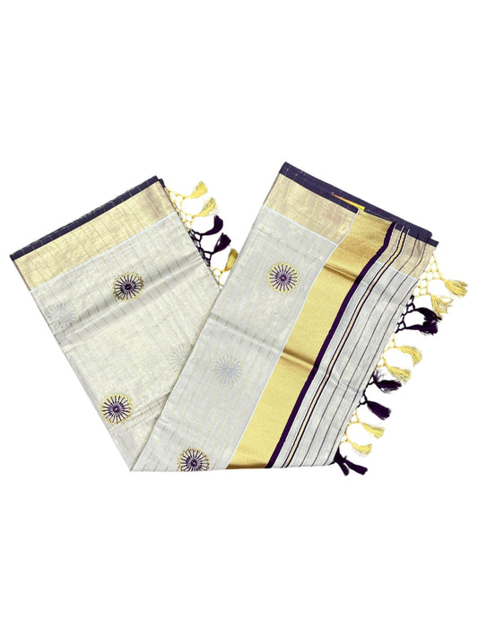 Southloom Tissue Kerala Kasavu Lines Saree with Embroidery Work on Body in Purple