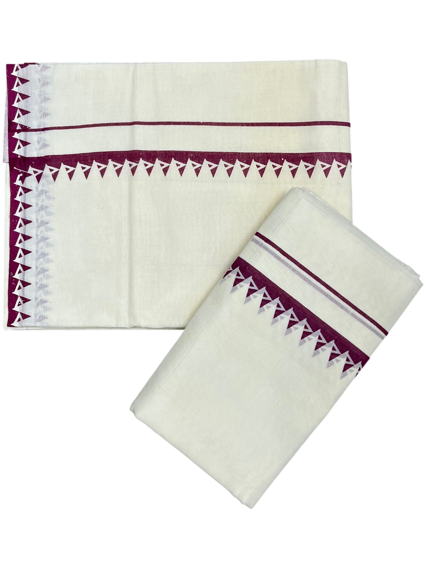 Kerala Cotton Set Mundu (Mundum Neriyathum) with Purple Block Prints on Body