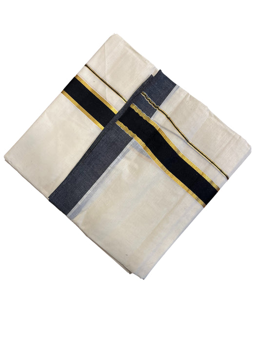Southloom Pure Cotton Mundu with Gold Kasavu and Gray  Colour Border (South Indian Kerala Dhoti)