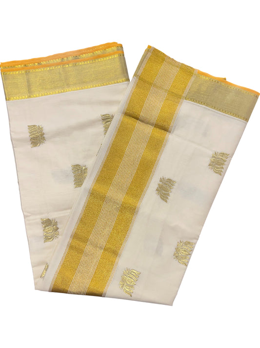 Southloom Cotton Kerala Kasavu Saree with Lotus Embroidery Design