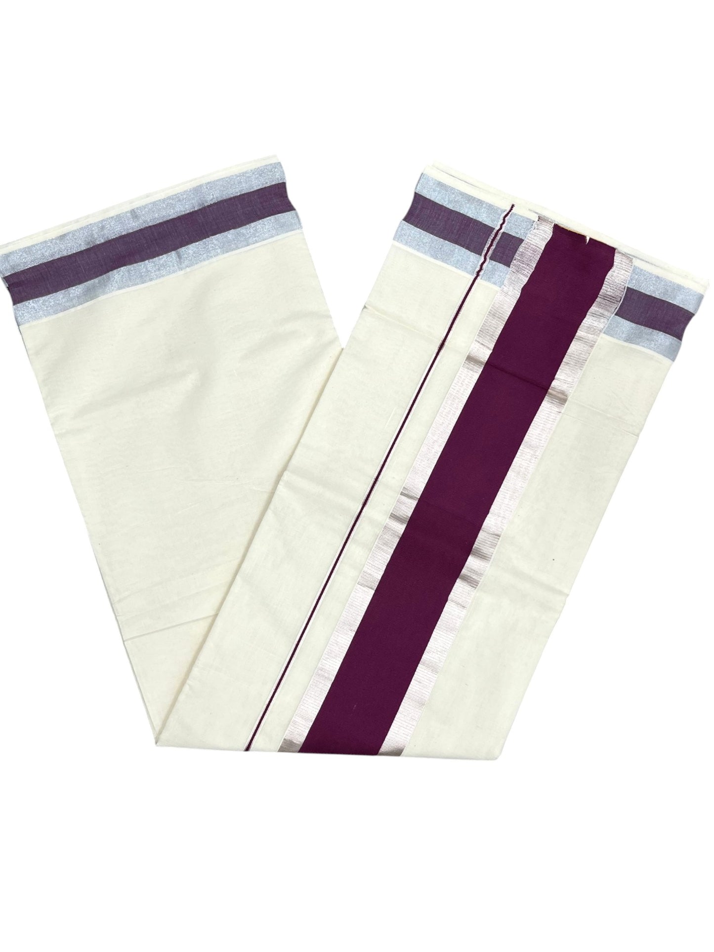 Kerala Pure Cotton Plain Saree with Silver Kasavu and Purple Border