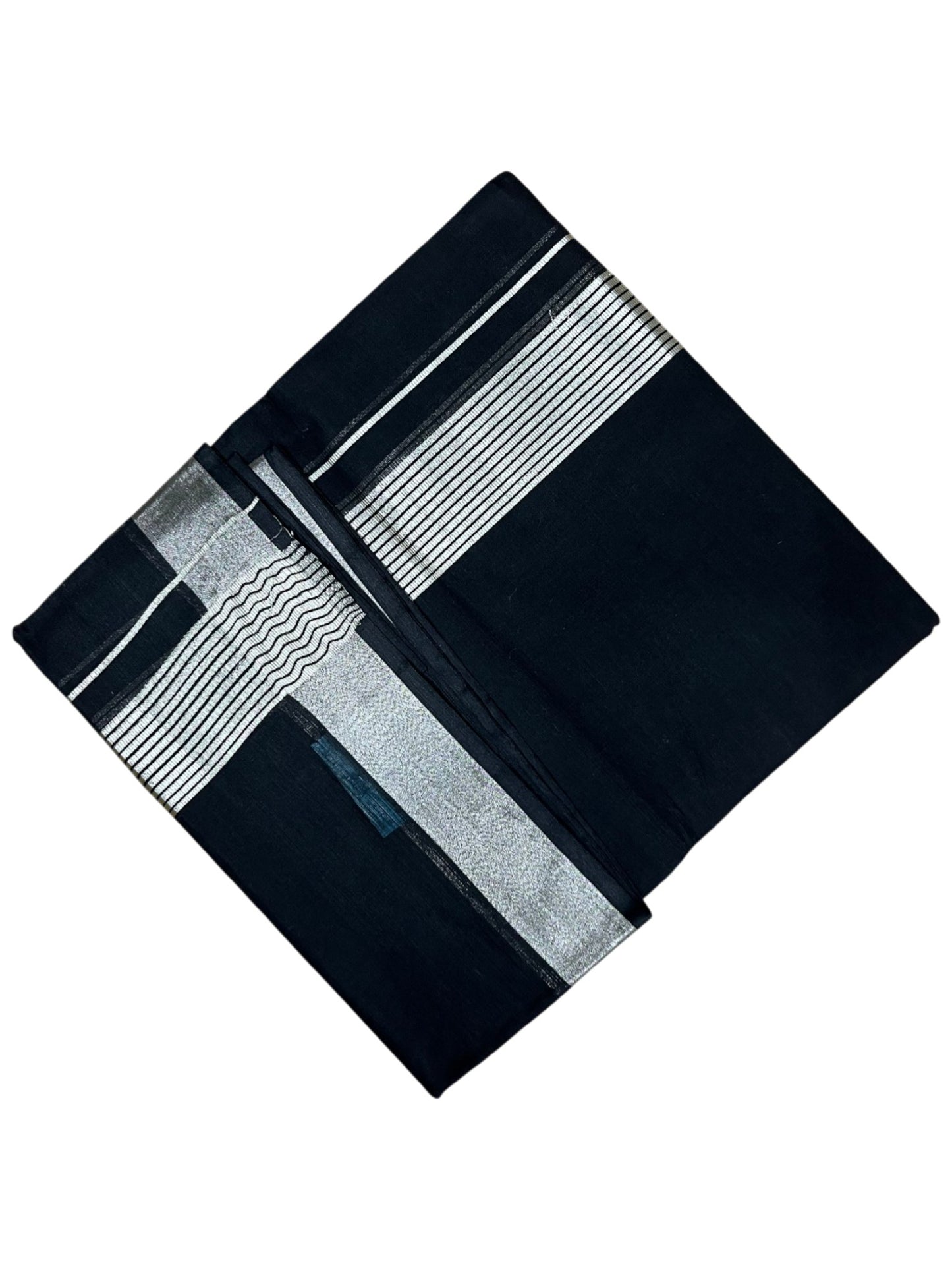 Southloom Kerala Pure Cotton Black Double Mundu with Silver Kasavu and Border (South Indian Dhoti)