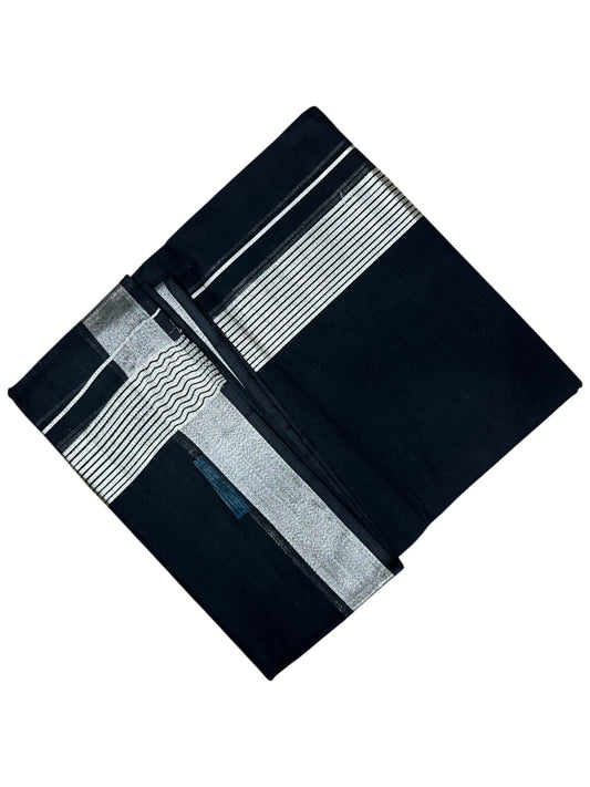 Southloom Kerala Pure Cotton Black Double Mundu with Silver Kasavu and Border (South Indian Dhoti)
