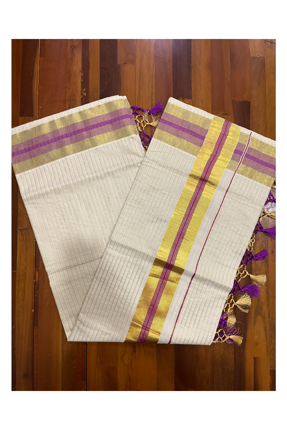 Pure Cotton Kerala Kasavu Lines Design Saree with Violet Border and Tassels Work (Onam Saree 2023)