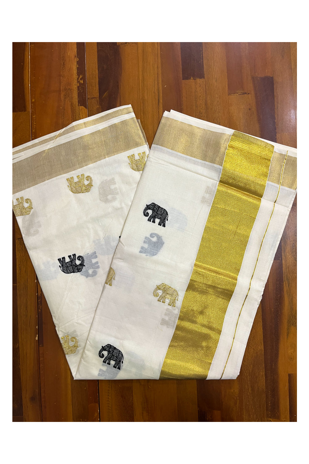 Kerala Cotton Kasavu Saree with Elephant Embroidery Works