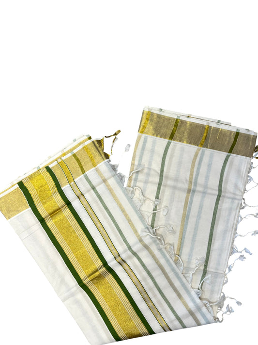 Southloom Kerala Cotton Kasavu Saree with Gold And Green Lines on Body