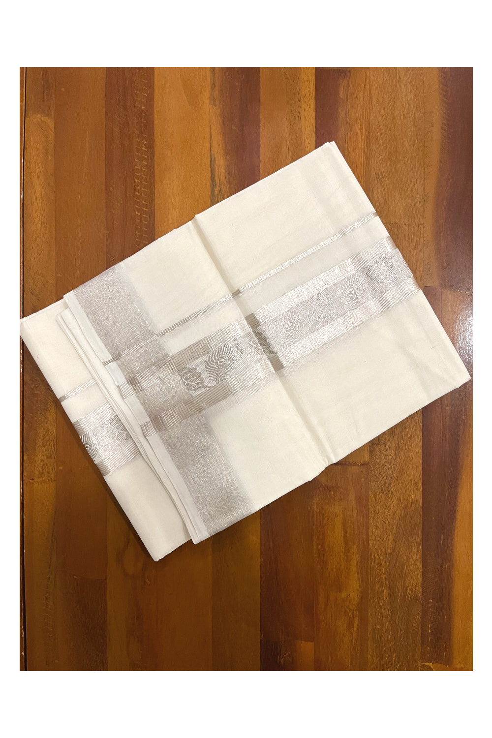 Southloom Premium Handloom Pure Cotton Mundu with Silver Kasavu Woven Border (Onam Mundu 2023)