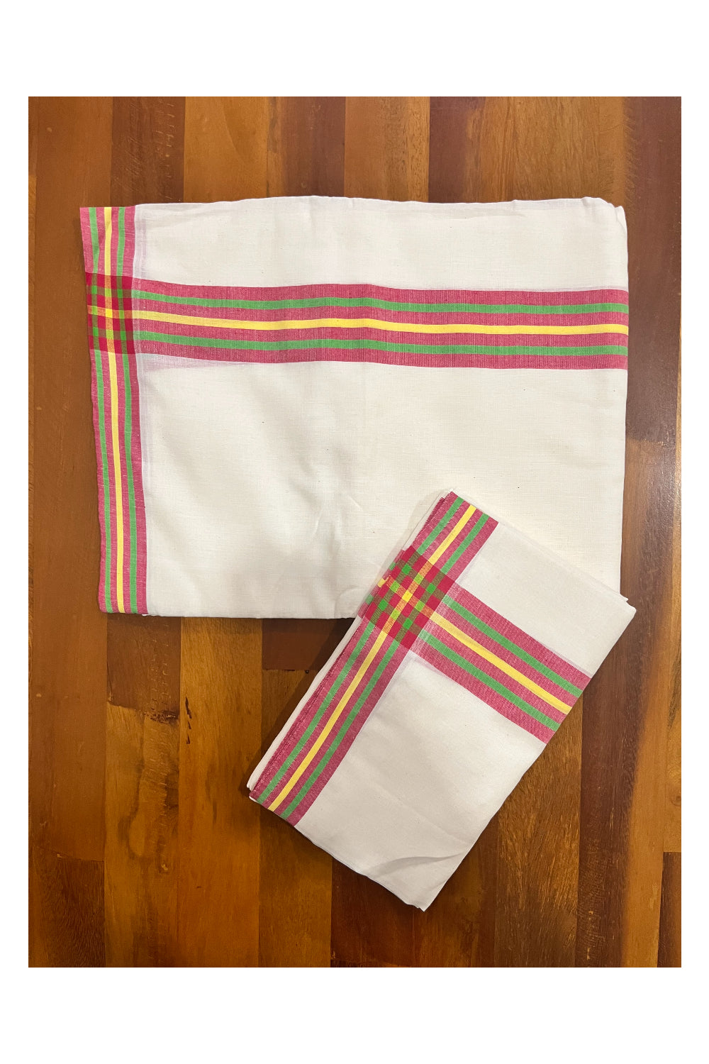 Kerala Mulloth Cotton Single Mundum Neriyathum with Red Green Yellow Border 2.80 Mtrs (Extra Soft Cotton)