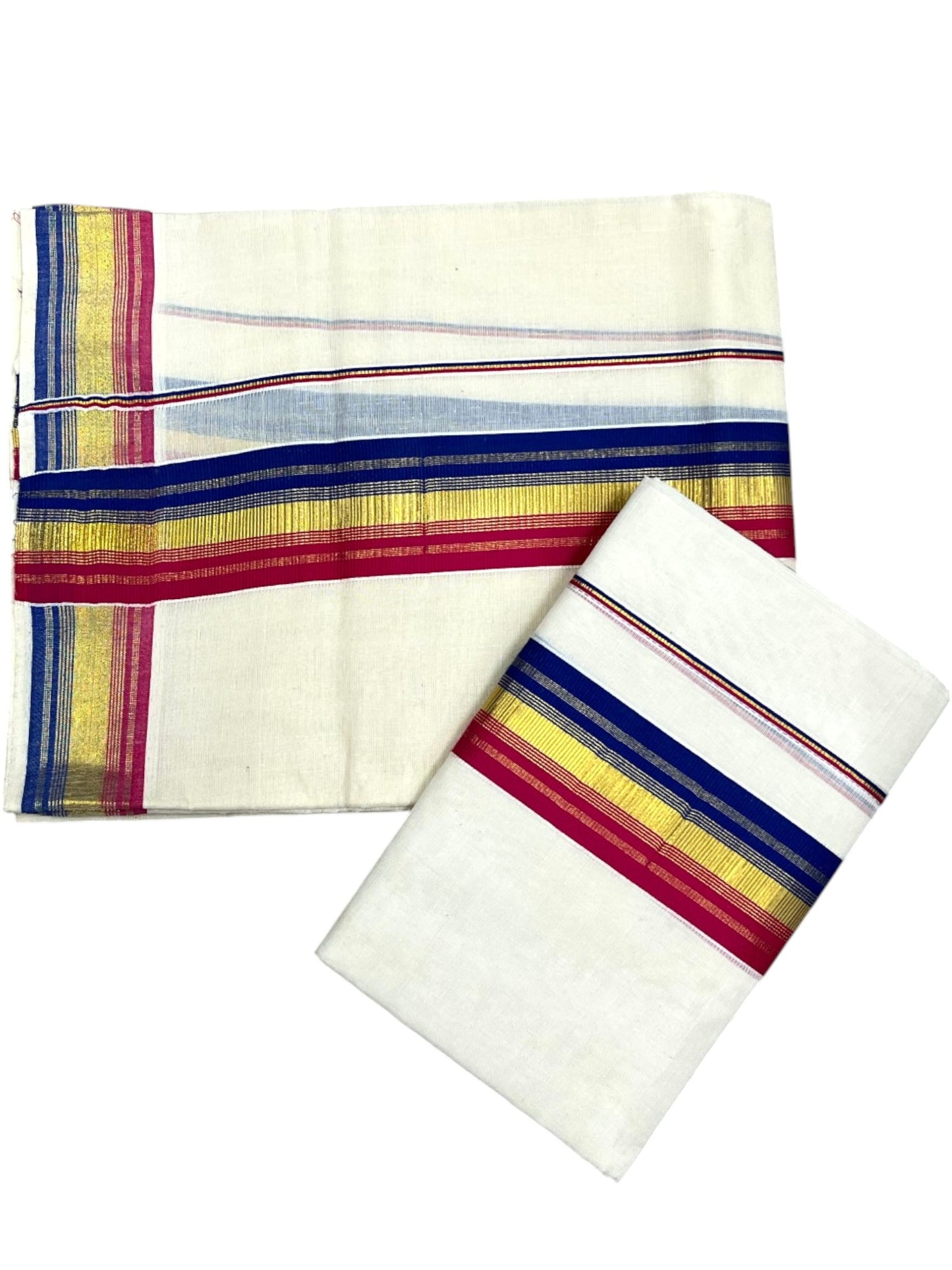 Southloom Kerala Cotton Kasavu Single Set Mundu (Mundum Neriyathum) with Blue and Magenta Kasavu Border SLKK SL480