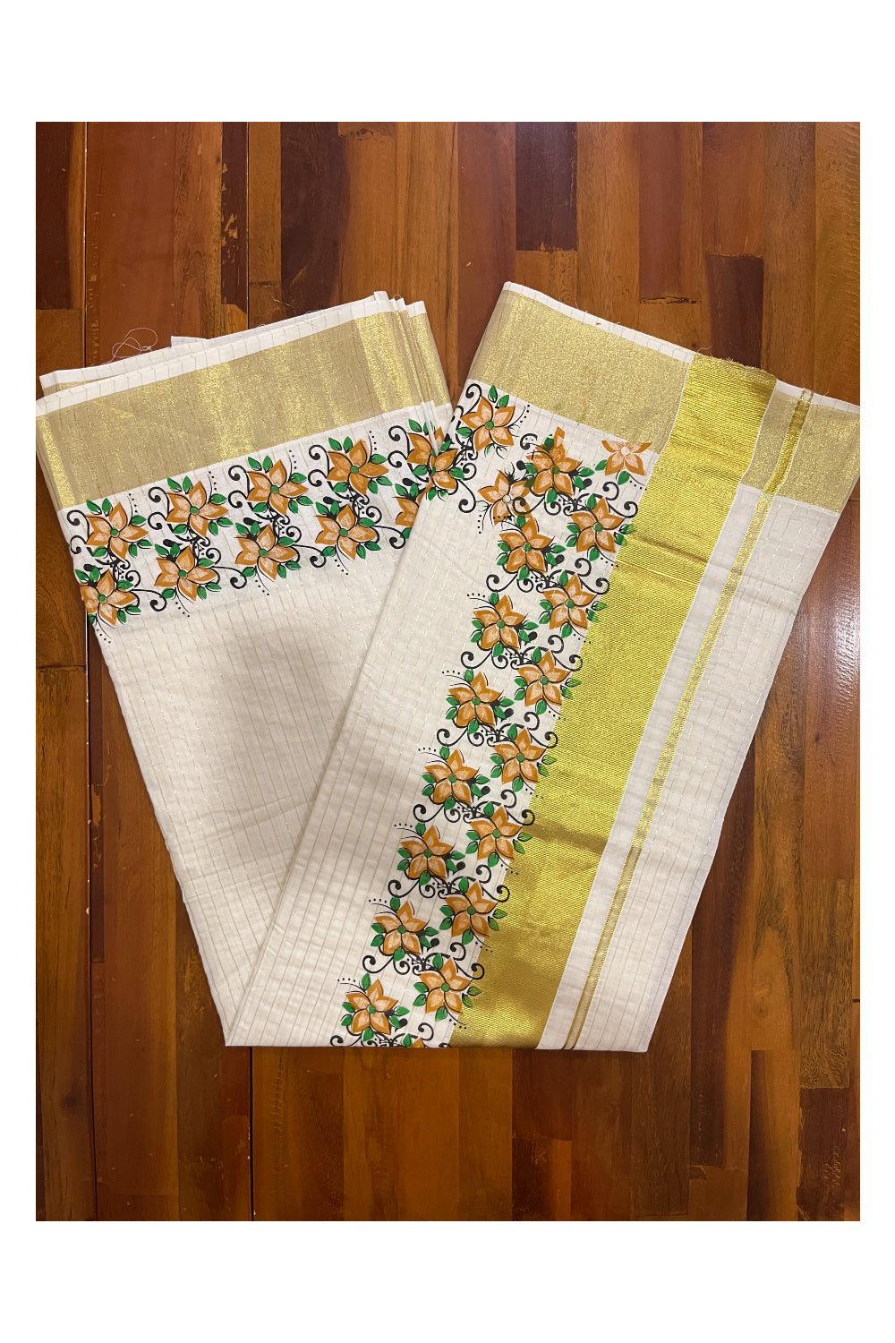 Southloom Onam 2023 Special Yellow Floral Printed Lines Kasavu Saree