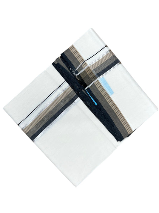 Southloom Balaramapuram Unakkupaavu Premium Handloom Cotton Double Mundu with Silver Kasavu and Black and Beige Border
