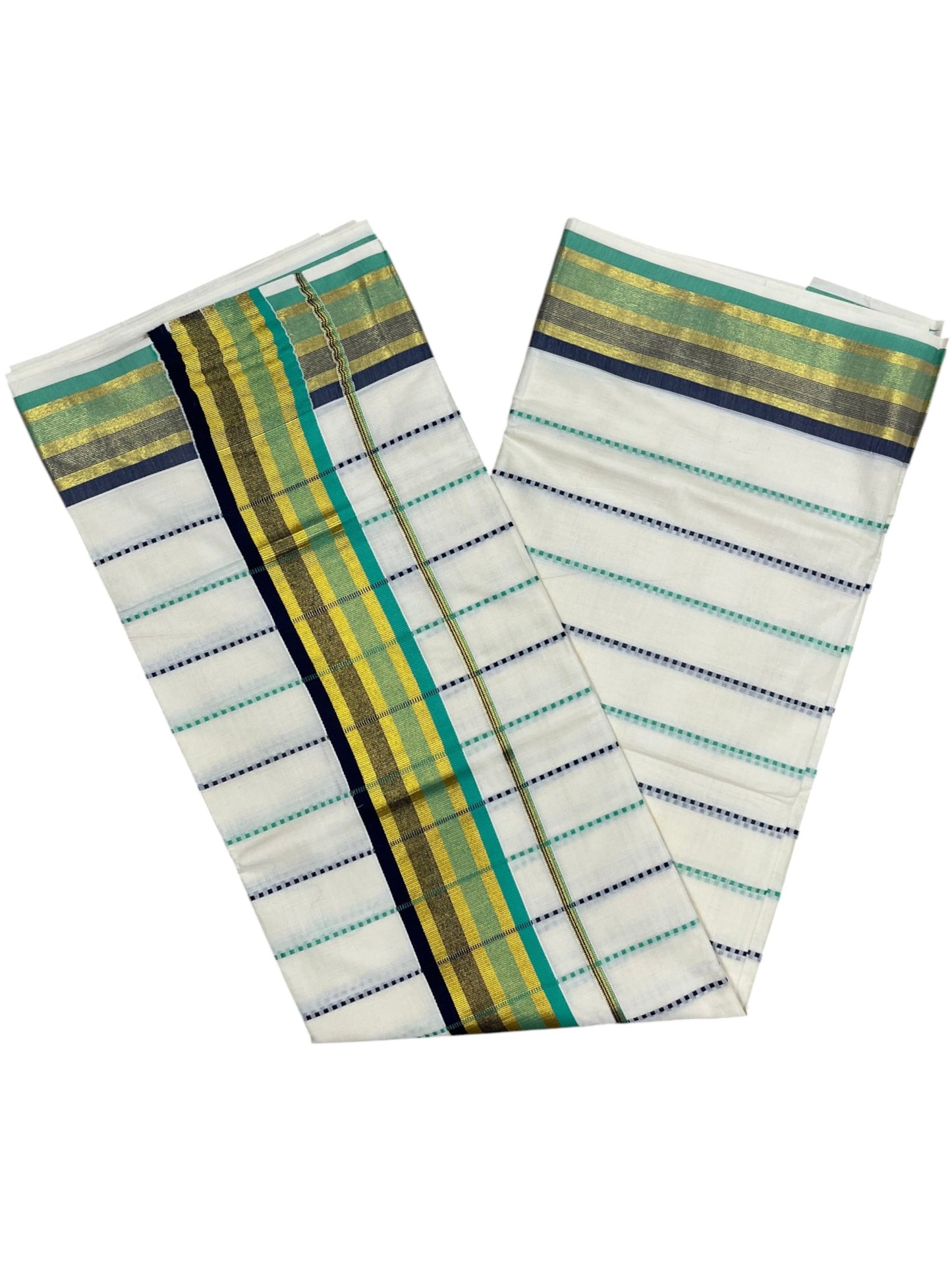 Southloom Cotton Kasavu Saree with Green and Blue Thread Work Across Body