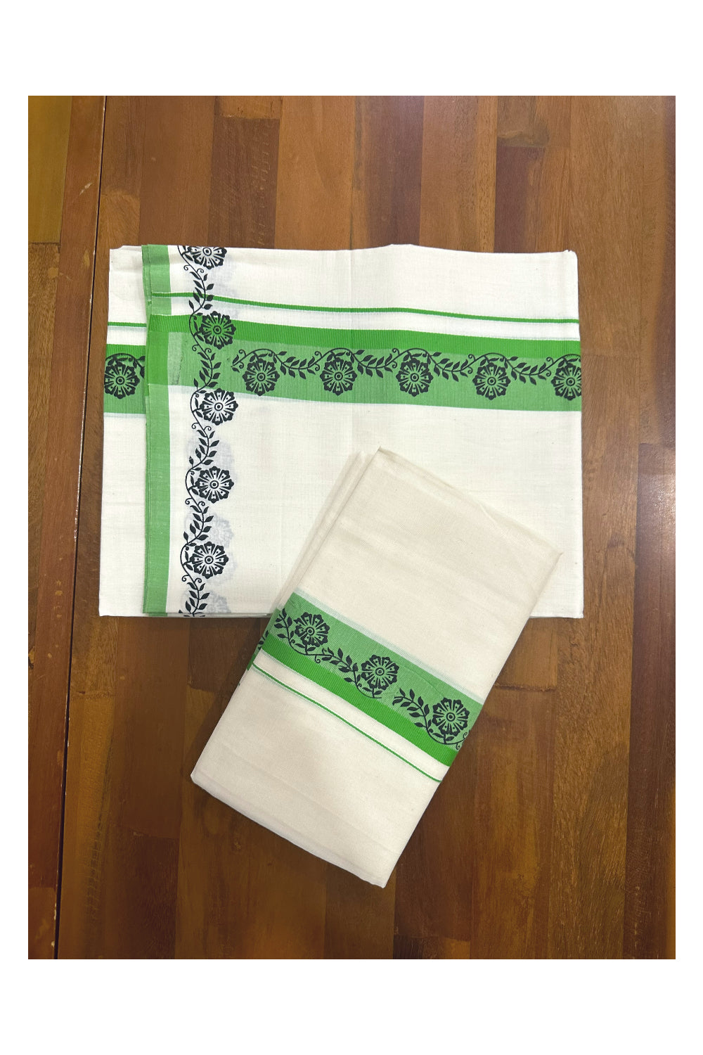 Kerala Cotton Set Mundu (Mundum Neriyathum) with Black Floral Block Prints in Light Green Border (Onam Set Mundu 2023)