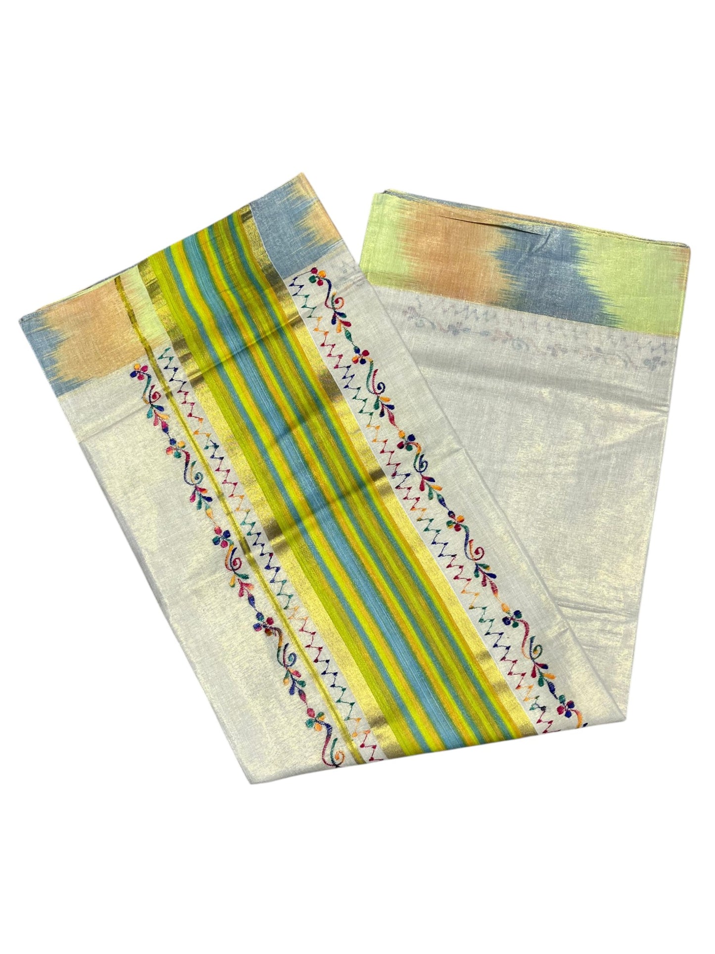 Southloom Kerala Tissue Kasavu Saree with Multi Colour Pochampally Design on Borders and Kara