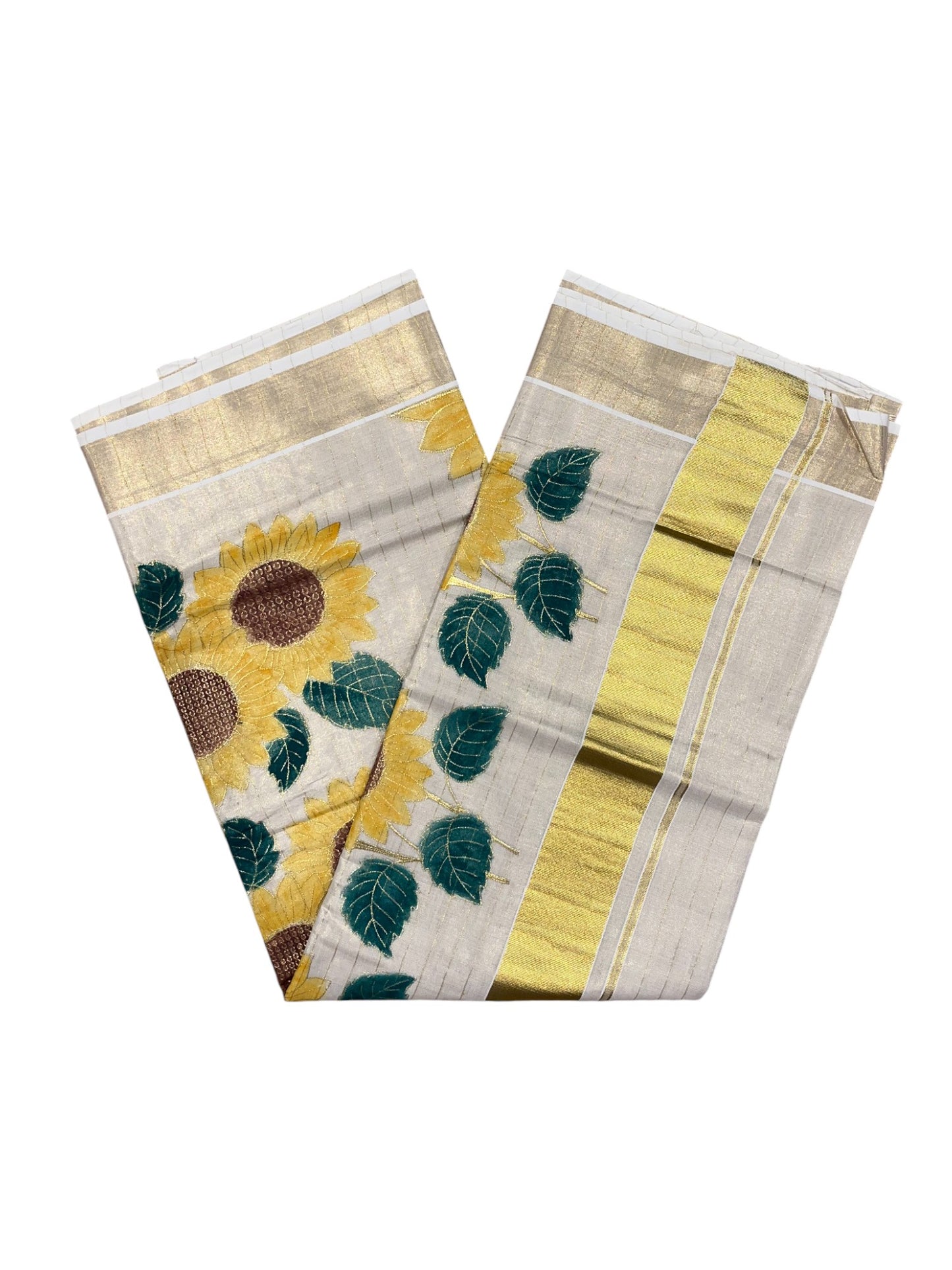 Southloom Kerala Tissue Kasavu Lines Saree with Embroidery Work in Yellow Floral Print