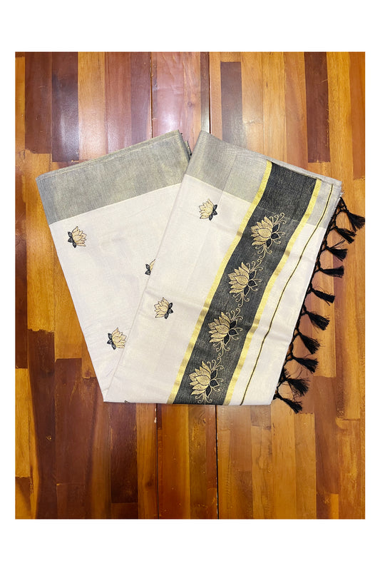 Southloom Kerala Tissue Kasavu Saree with Black And Golden Lotus Embroidary Designs on Body