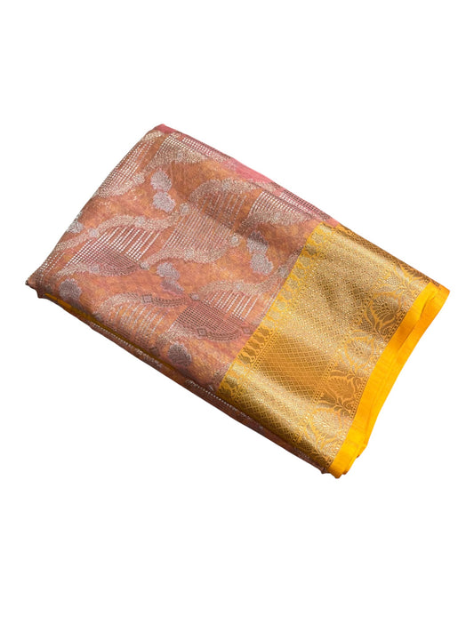 Southloom Tissue Banarasi Silk Saree with Woven Work on Body and Borders (Peach & Yellow)
