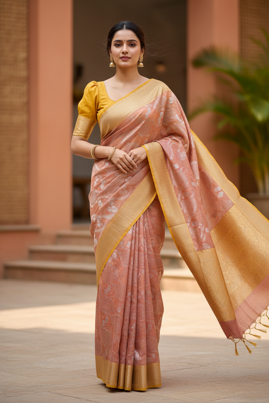 Southloom Tissue Banarasi Silk Saree with Woven Work on Body and Borders (Peach & Yellow)