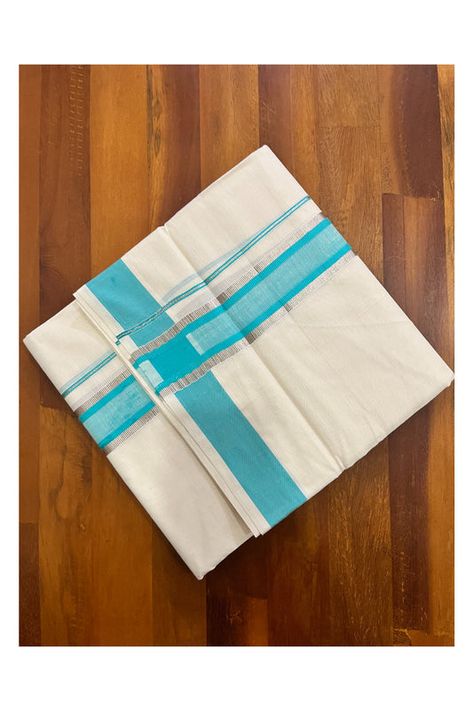 Kerala Cotton Off White Double Mundu with Silver Kasavu and Turquoise Border (South Indian Kerala Dhoti)