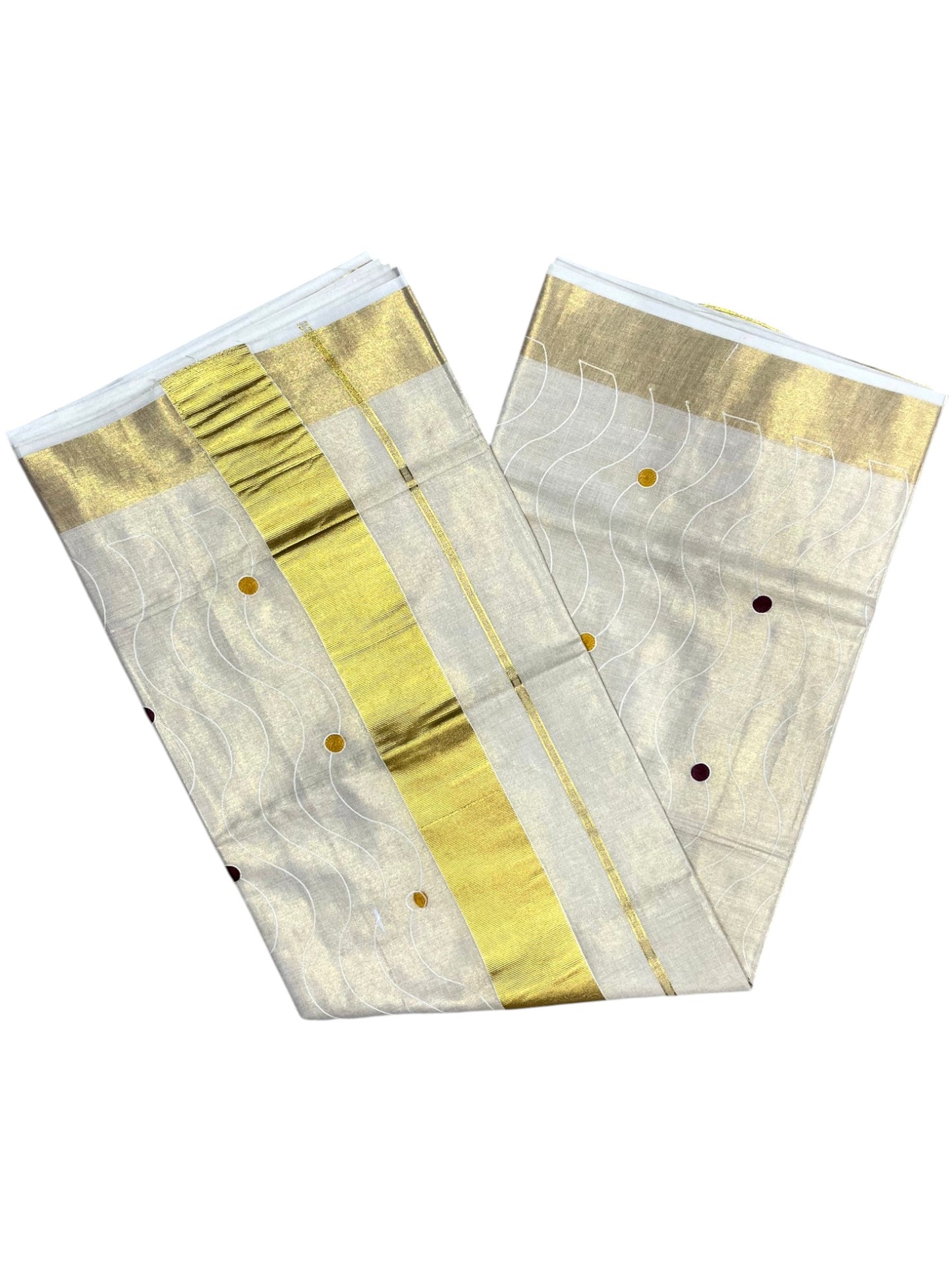 Southloom Kerala Tissue Kasavu Saree with Yellow and Maroom Polka with Embroidery Works