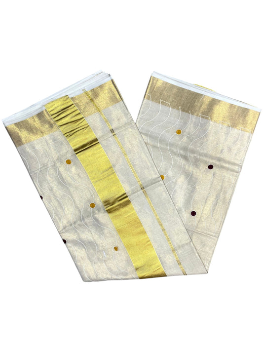 Southloom Kerala Tissue Kasavu Saree with Yellow and Maroom Polka with Embroidery Works