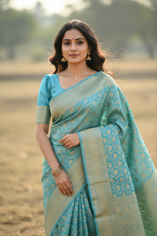 Southloom Cotton Banarasi Silk Saree with Woven Work on Body and Borders (Blue)