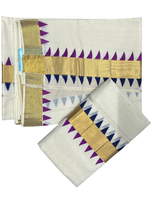 Southloom Kerala Cotton Kasavu Single Set Mundu (Mundum Neriyathum) with Magenta  And Blue Temple Design Border SLKK