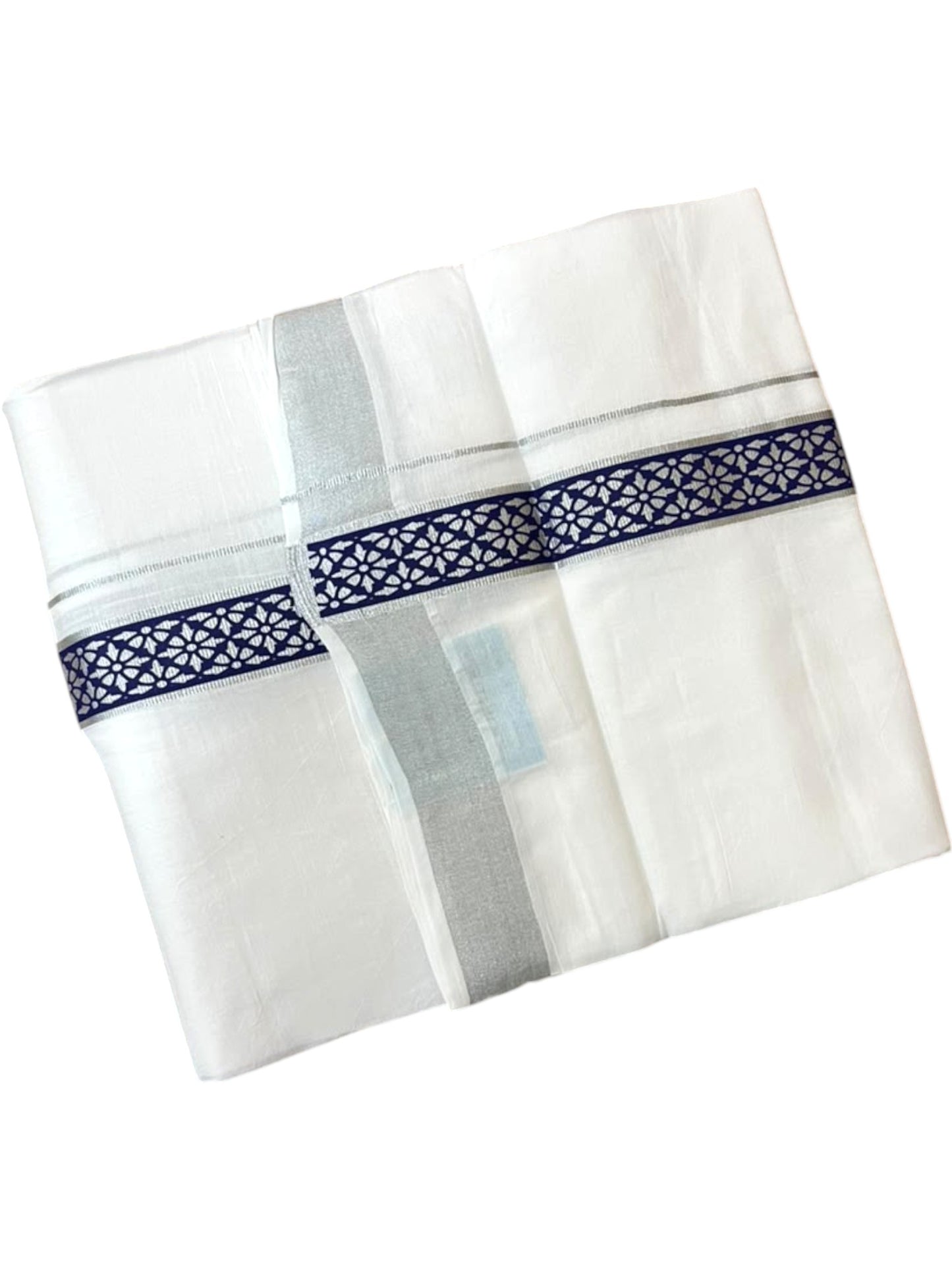 Southloom Pure White Cotton Mundu with Blue and Silver Kasavu Border (South Indian Kerala Dhoti)