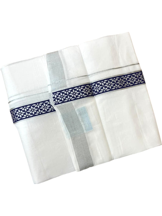Southloom Pure White Cotton Mundu with Blue and Silver Kasavu Border (South Indian Kerala Dhoti)