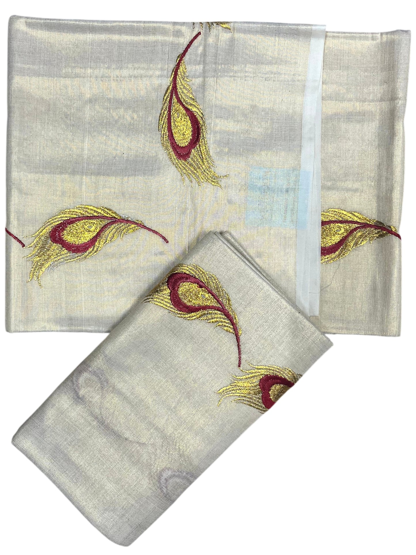 Southloom Kerala Tissue Kasavu Single Set Mundu (Mundum Neriyathum) Red and Golden Feather Embroidery Work