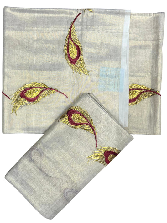 Southloom Kerala Tissue Kasavu Single Set Mundu (Mundum Neriyathum) Red and Golden Feather Embroidery Work