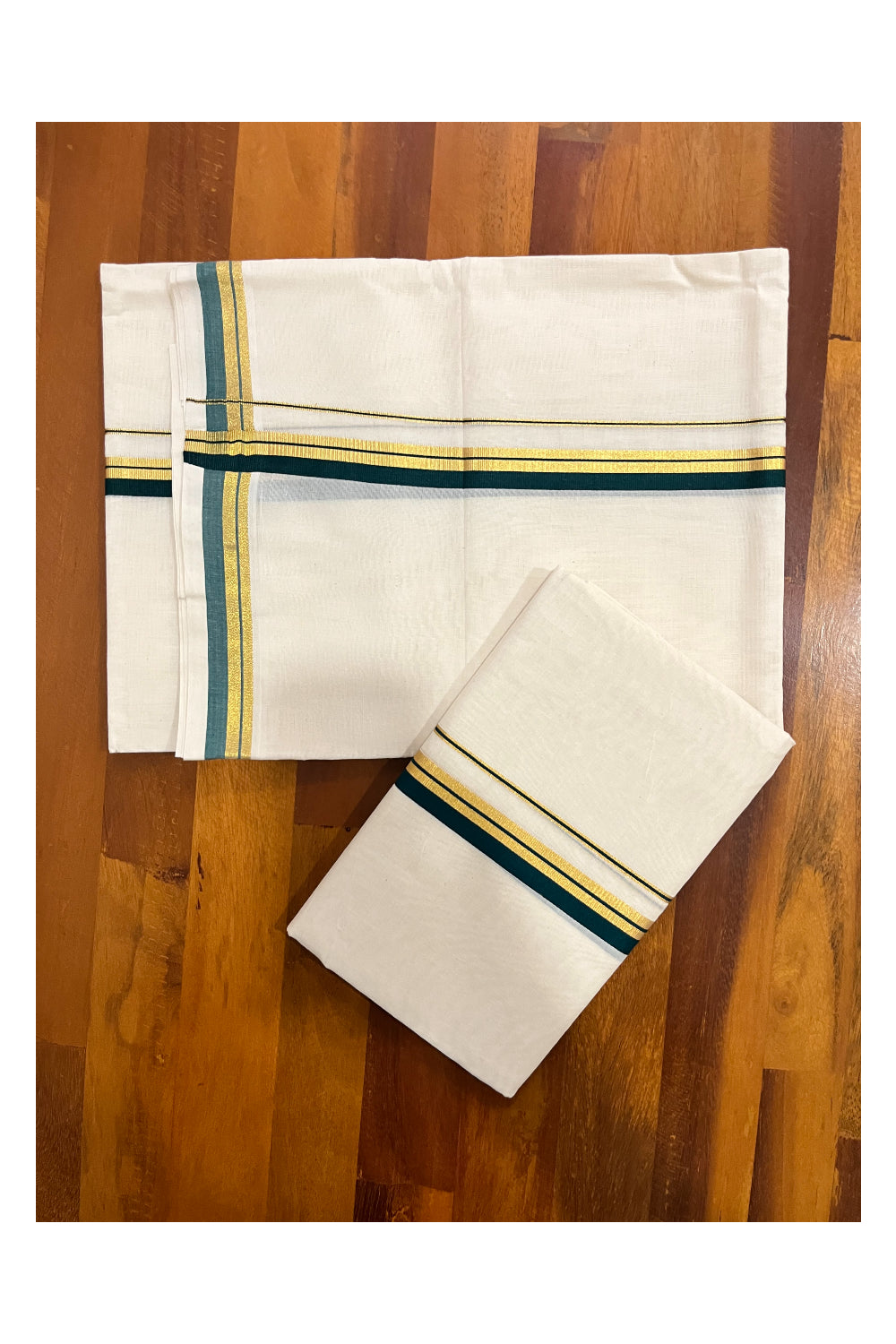 Kerala Pure Cotton Set Mundu Single (Mundum Neriyathum) with Dark Green and Kasavu Border