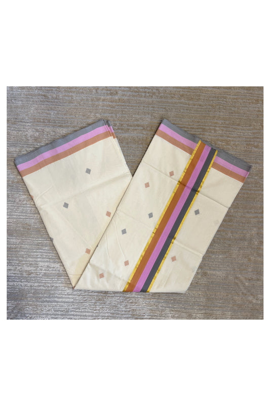 Southloom Premium Unakkupaavu Handloom Cotton Butta Saree with Orange, Pink and Grey Kasavu Border