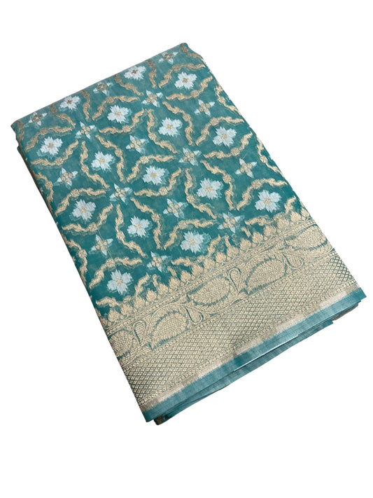 Southloom Cotton Banarasi Silk Saree with Woven Work on Body and Borders (Blue)