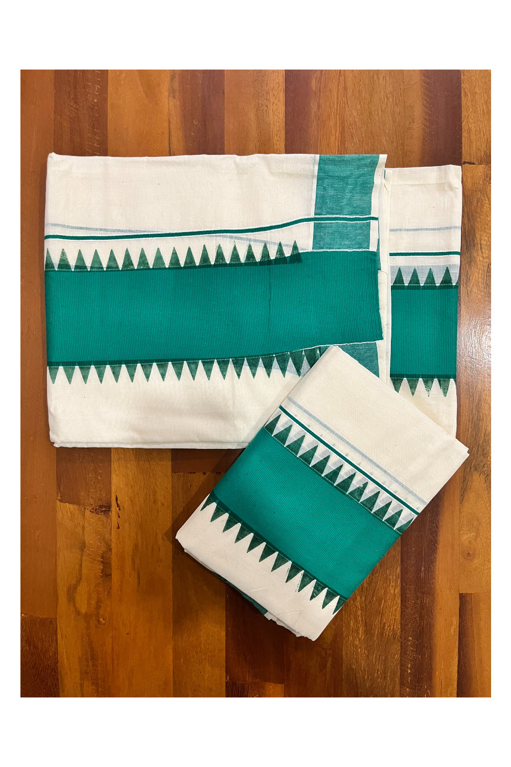 Kerala Pure Cotton Set Mundu Single (Mundum Neriyathum) with Green Temple Border