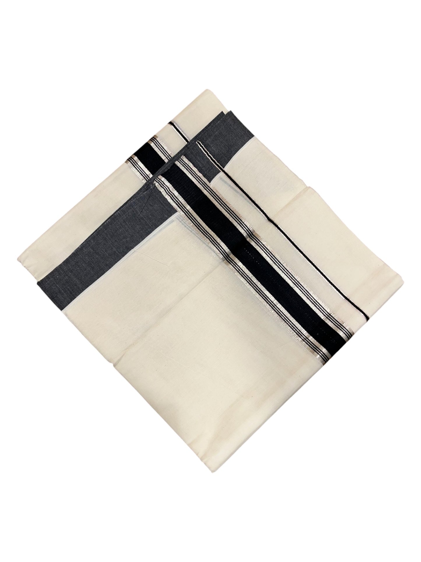 Southloom Pure Cotton  Double Mundu With Silver Kasavu &Black Border (South Indian Kerala Dhoti)