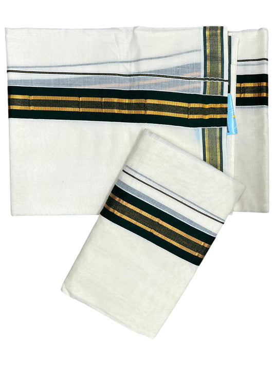 Southloom Kerala Cotton Single Set Mundu (Mundum Neriyathum) with Kasavu and Dark Green Border  SLKK SL470