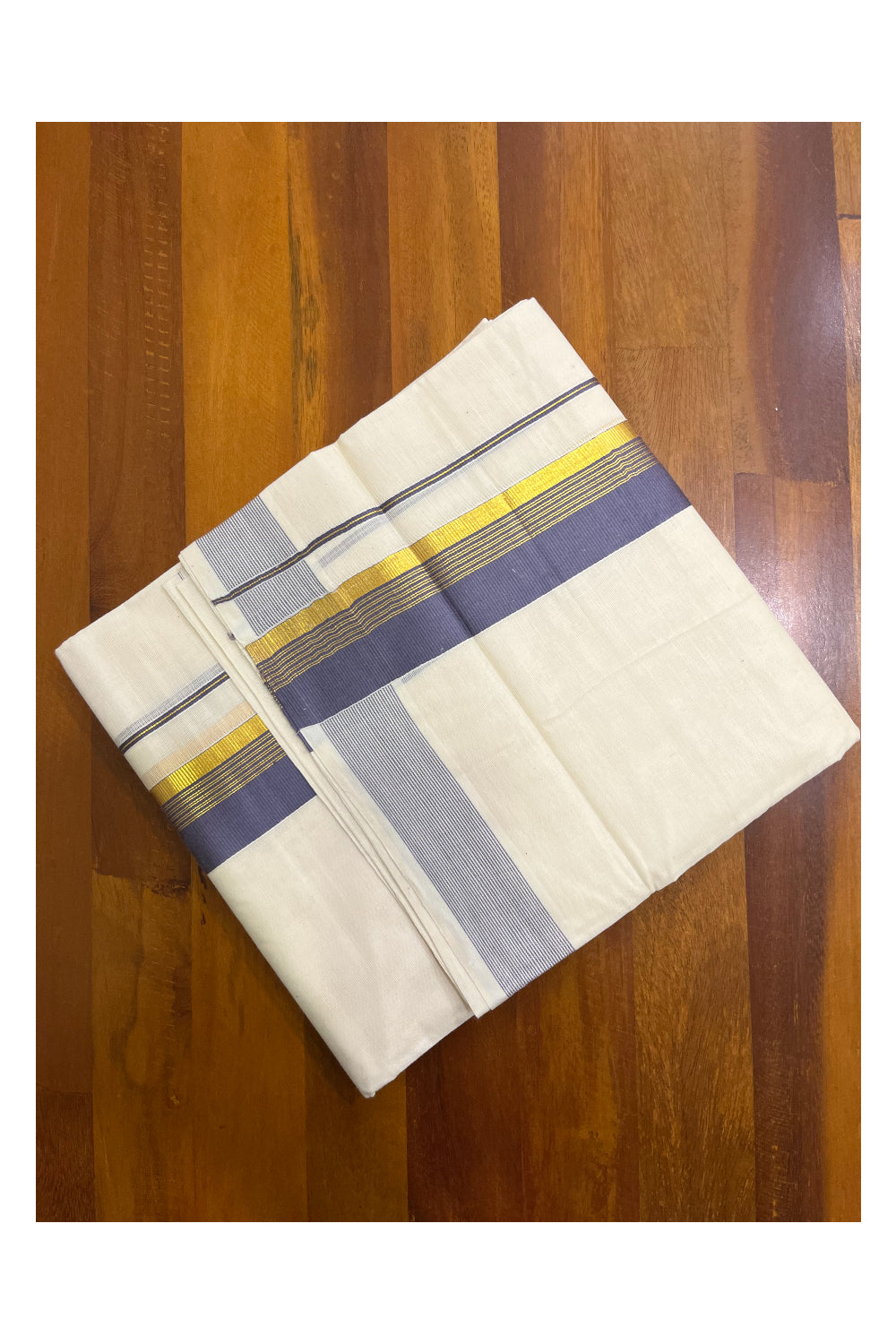 Kerala Pure Cotton Double Mundu with Grey and Kasavu Border (South Indian Kerala Dhoti)