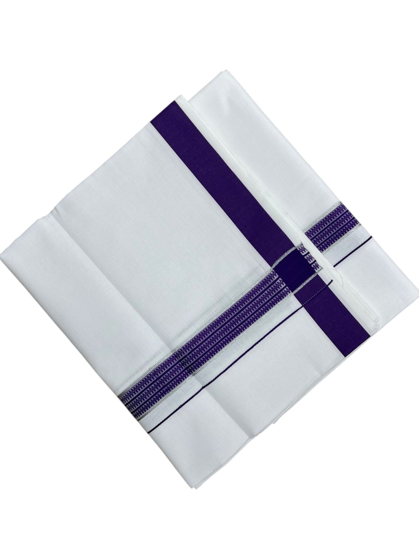Southloom Pure White Cotton Single Mundu with Silver Line & Violet Border (South Indian Kerala Dhoti)