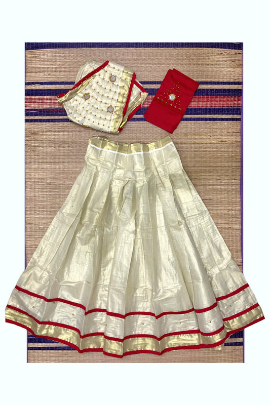 Southloom Semi Stitched Tissue Dhavani Set with Bead Work Pavada and Red Blouse Piece