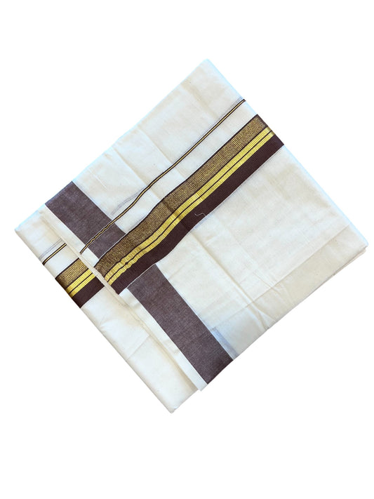 Southloom Kerala Pure Cotton Double Mundu with Gold Lines & Brown Border (South Indian Dhoti)