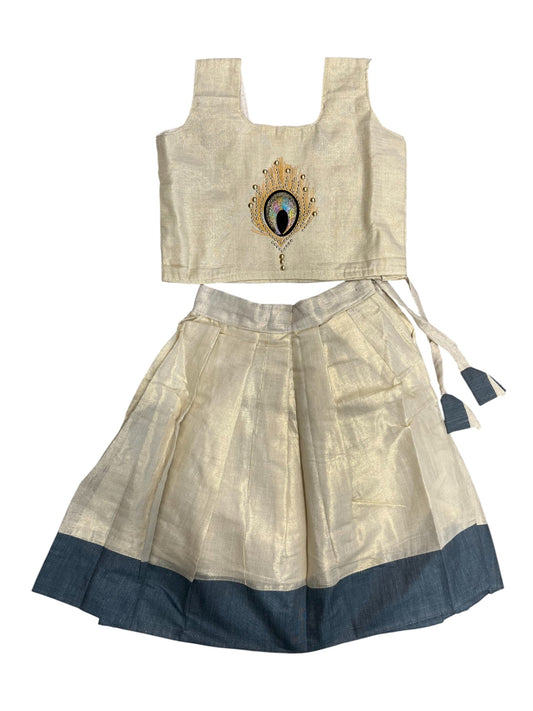 Southloom Kerala Tissue Kasavu Pavada Blouse with Embroidery Work for Kids (Age 1)