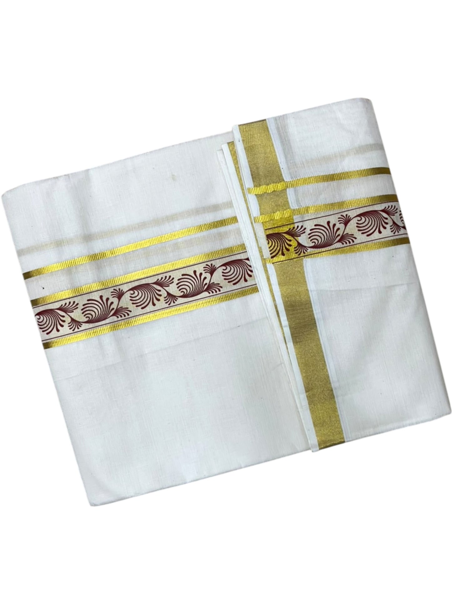 Southloom Pure Cotton Double Mundu with Maroon Block Printed And Ksavu Border (South Indian Kerala Dhoti)