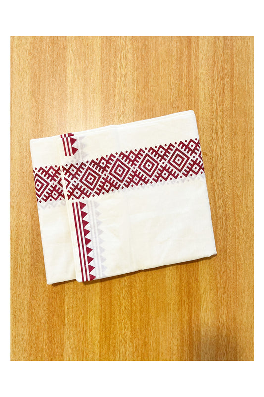 Pure Cotton Off White Double Mundu with Maroon Block Prints On Border (South Indian Kerala Dhoti)