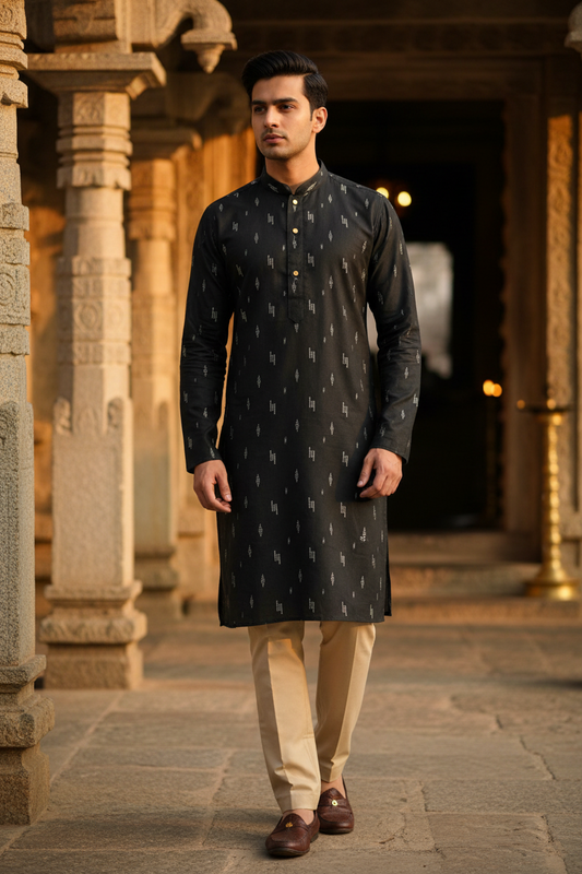 Southloom Black Woven Patterns Semi Silk Short Kurta for Men
