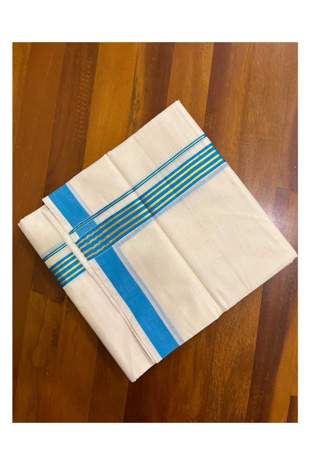 Pure Cotton Kerala Double Mundu with Light Blue and Kasavu Lines Kara (South Indian Kerala Dhoti)