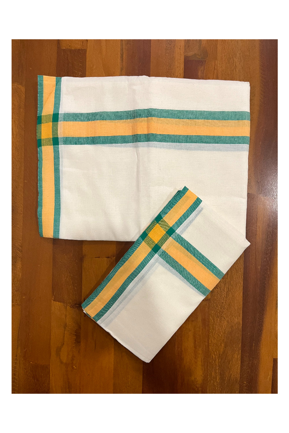 Kerala Mulloth Cotton Single Mundum Neriyathum with Orange Green Border (Extra Soft Cotton)