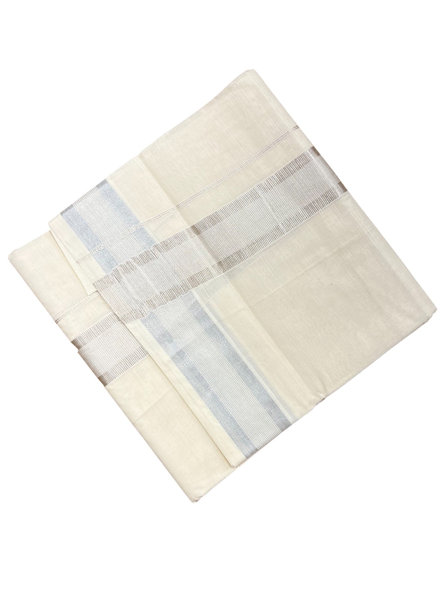 Southloom Kerala Pure Cotton Double Mundu with Silver Lines and Silver Border (South Indian Dhoti)