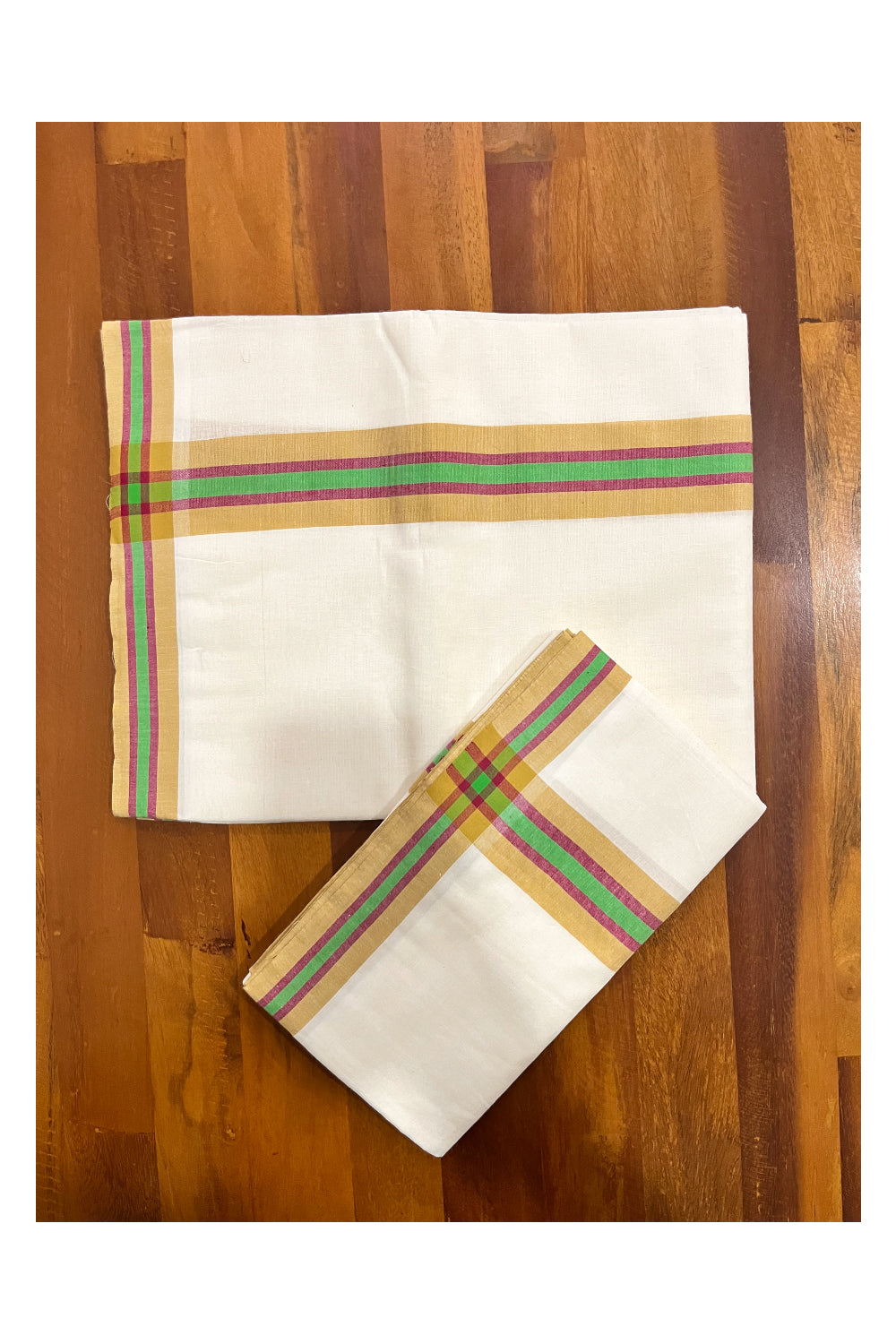 Kerala Mulloth Cotton Single Mundum Neriyathum with Yellow Green Border 2.80 Mtrs (Extra Soft Cotton)